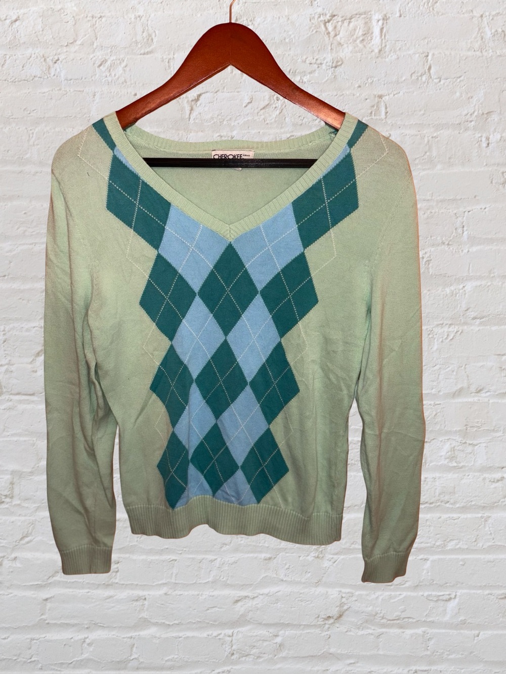 Vintage Y2K Cherokee Mint Blue Argyle V-Neck 100% Cotton Sweater Size S